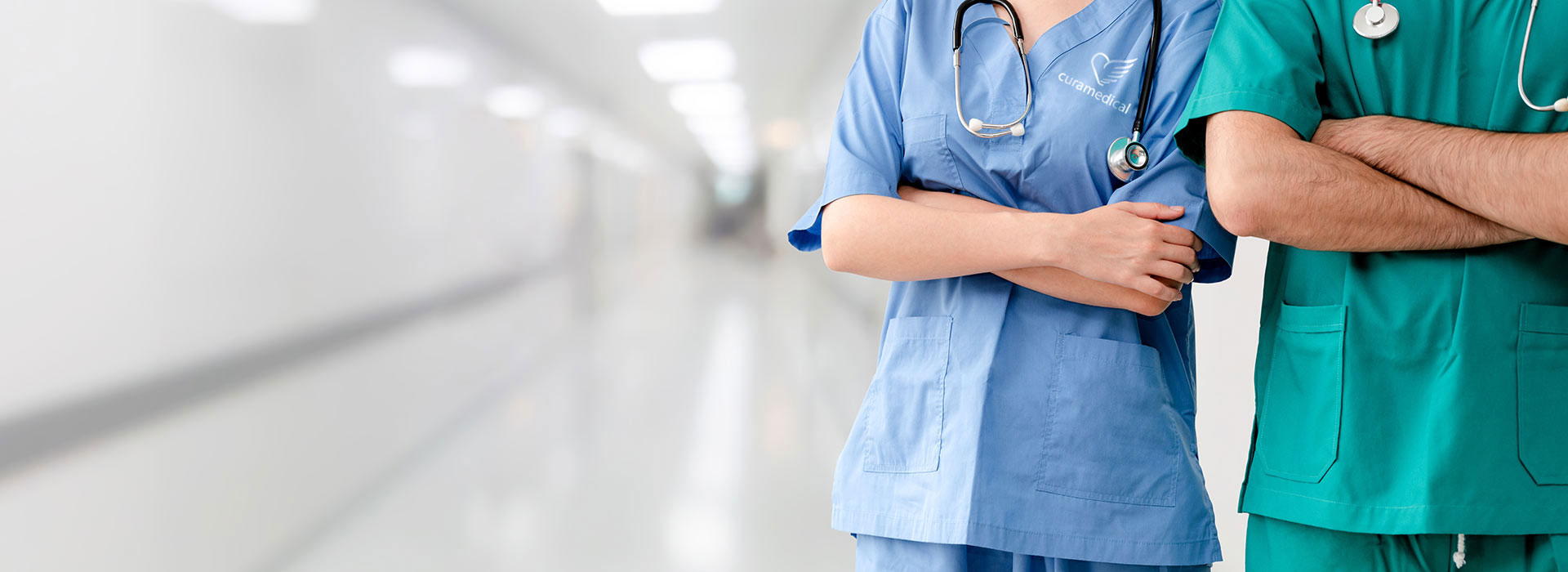 Two hospital staffs   surgeon, doctor or nurse standing with arm