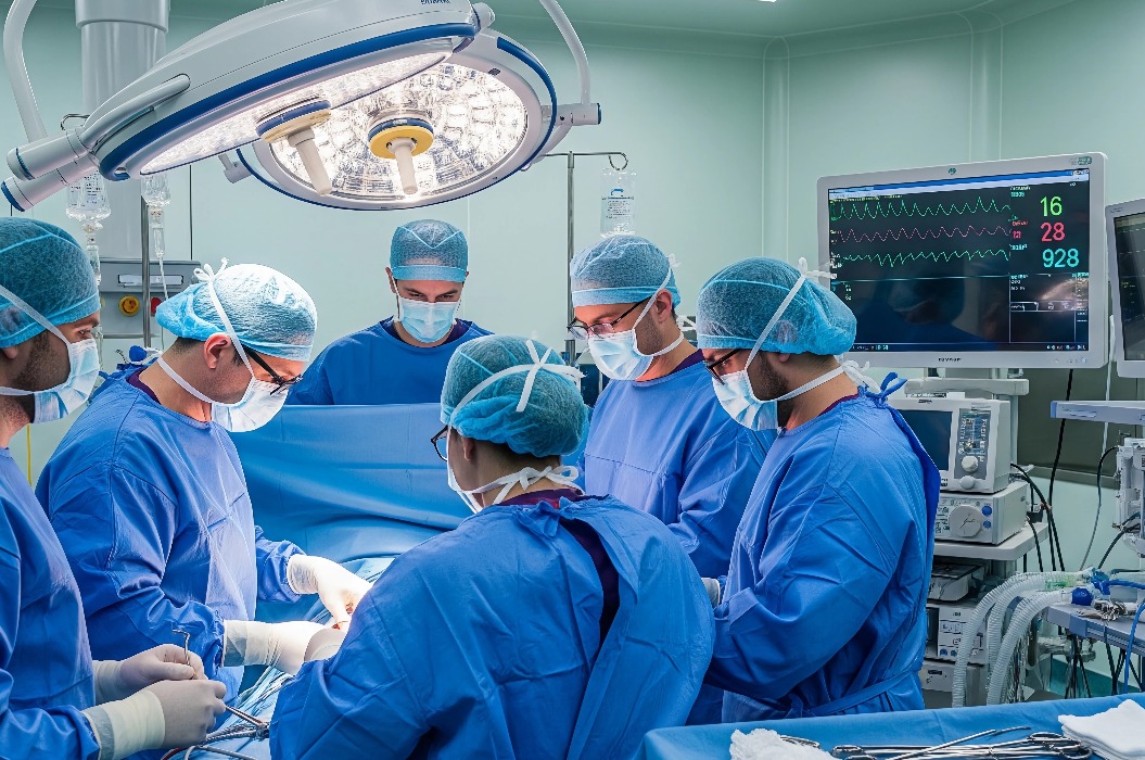 Eine Gruppe von Chirurgen führt eine komplexe Operation in einem modernen Operationssaal durch. Dieses Bild fängt die Intensität und die Zusammenarbeit eines medizinischen Teams ein und ist ideal für Themen im Zusammenhang mit Chirurgie, Gesundheit