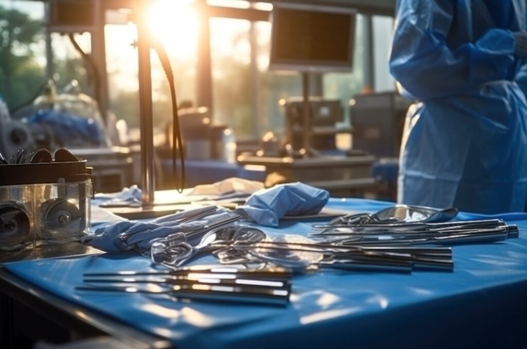 Foto von einem Tisch voller chirurgischer Geräte